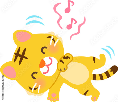 仰向けに寝転がる笑顔のトラのキャラクター