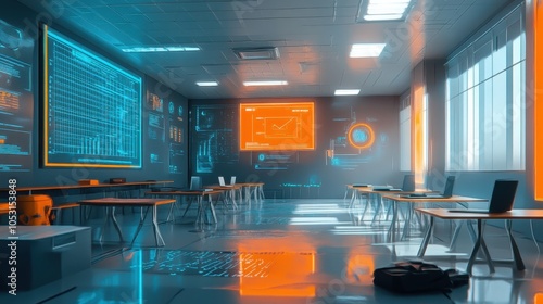 A futuristic classroom filled with innovative educational tools, including virtual reality and AI-driven lessons.
