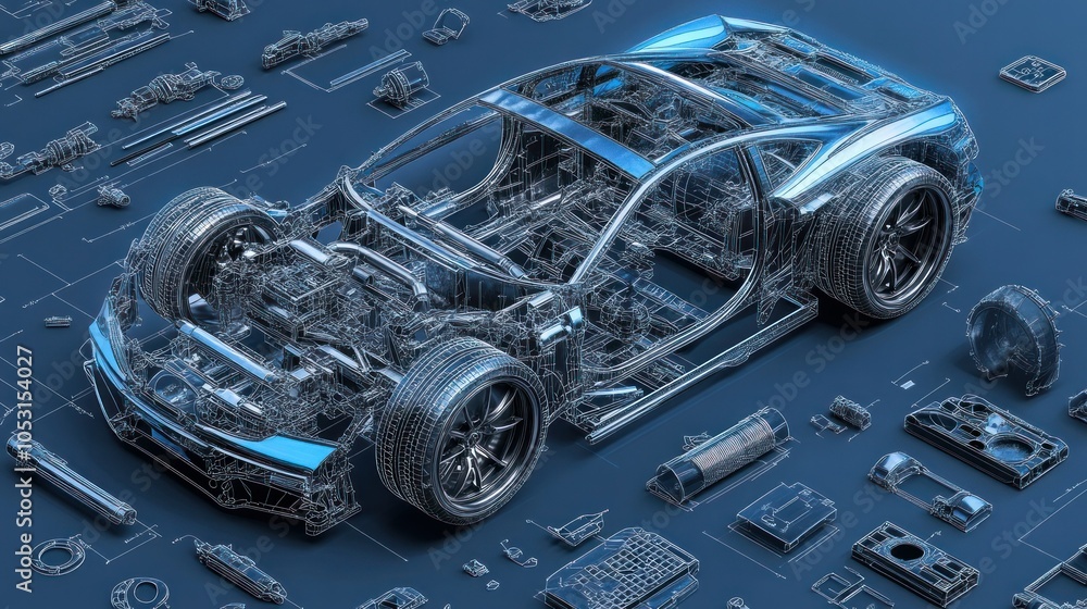 Exploded view in 3D blueprint, showcasing assembly details Exploded view in 3D blueprint, showcasing assembly details