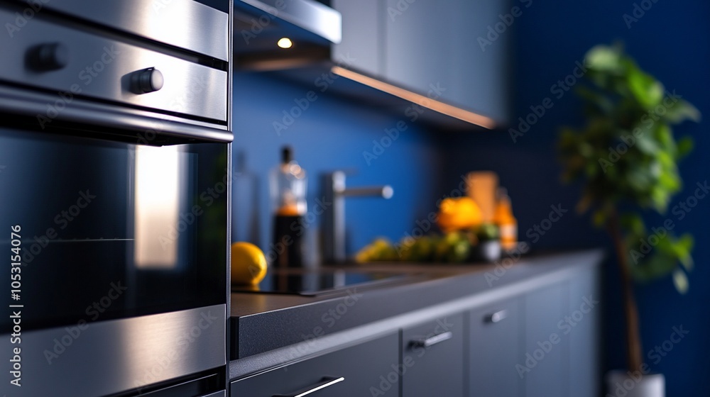 Modern kitchen with stainless steel appliances, blue cabinets, and a plant. Modern kitchen with stainless steel appliances, blue cabinets, and a plant.