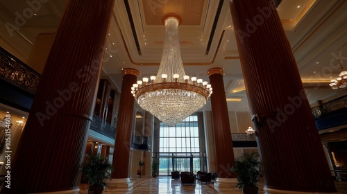 Luxurious Hotel Lobby with Grand Crystal Chandelier and Majestic Columns