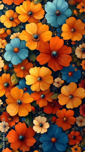 A vibrant floral arrangement featuring colorful flowers in shades of blue, orange, and white.