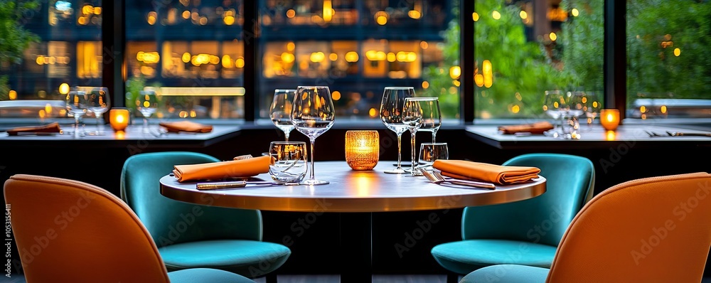High-end business dinner with formal place settings, candlelight, and a fine dining ambiance, in a softly lit, upscale restaurant deep, warm tones for a classy experience