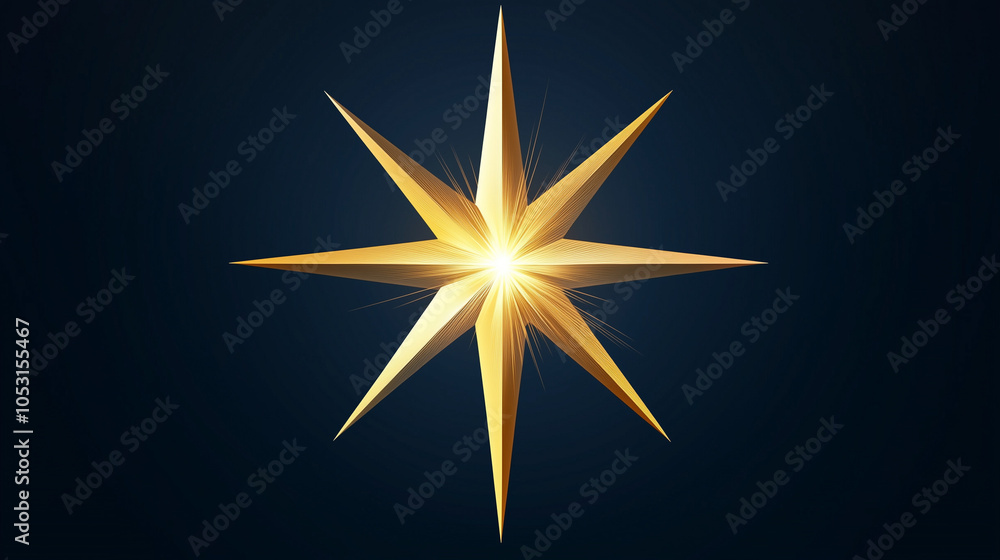 Golden eight-pointed star with sparkles on dark blue background Golden eight-pointed star with sparkles on dark blue background