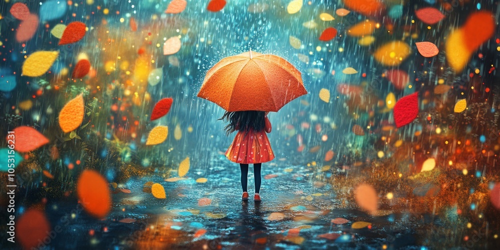 Whimsical Felt Adventure, a small girl with a felt umbrella joyfully splashes through a colorful felt rainstorm filled with vibrant textures. Whimsical Felt Adventure, a small girl with a felt umbrella joyfully splashes through a colorful felt rainstorm filled with vibrant textures.