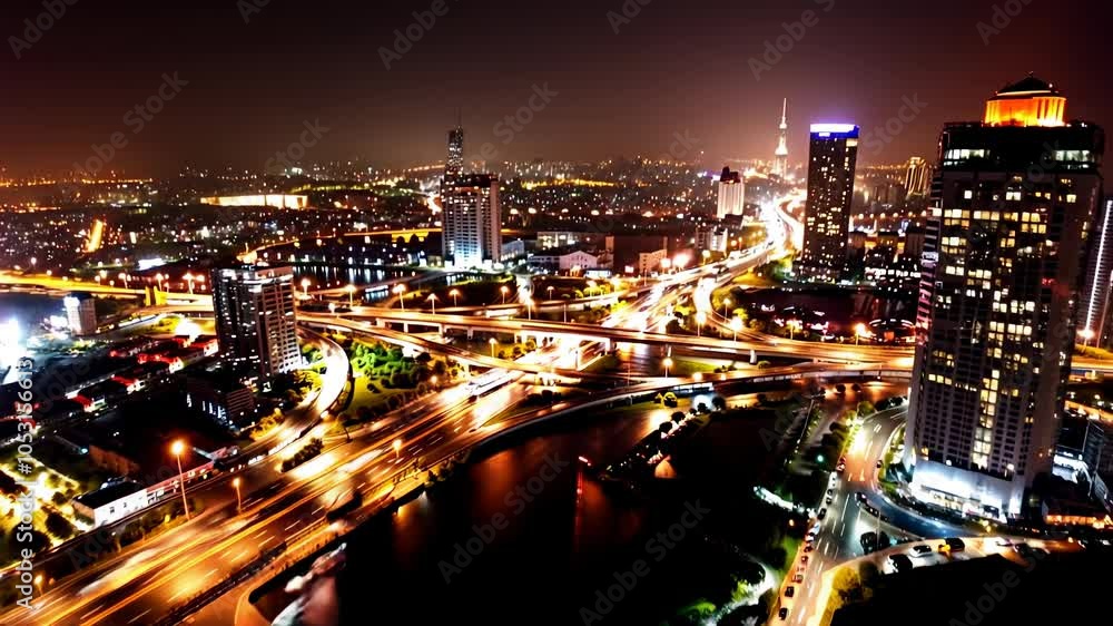 Dynamic motion camera hyperlapse night City transport interchange aerial topdown realistic panorama. Dynamic motion camera hyperlapse night City transport interchange aerial topdown realistic panorama.