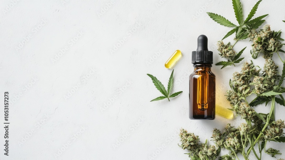 Fototapeta premium Cannabis buds placed on a plain white surface with a small CBD bottle, minimalistic arrangement focusing on simplicity.