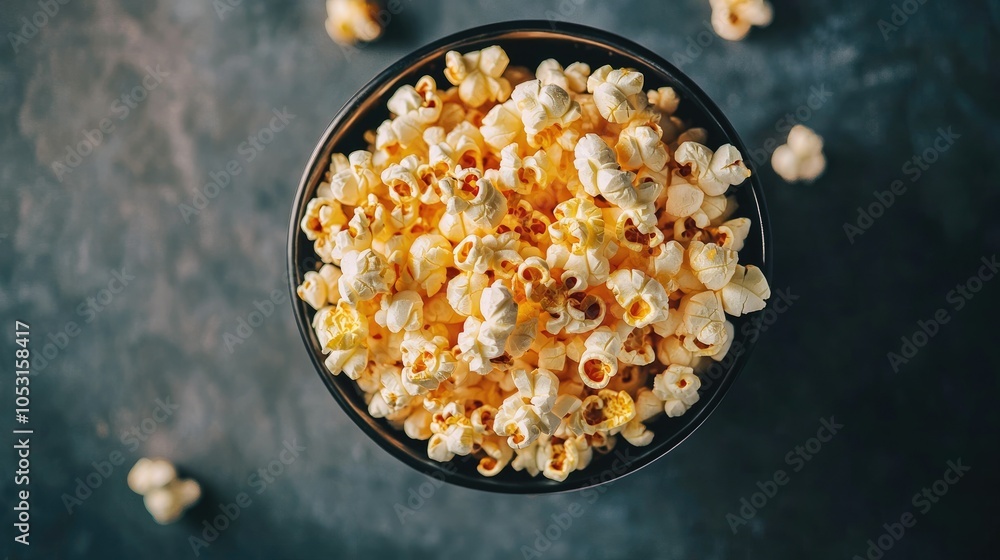 Cinematic snack: a top view of popcorn in a loose pile, buttery, warm, and inviting for a movie setting. Cinematic snack: a top view of popcorn in a loose pile, buttery, warm, and inviting for a movie setting.