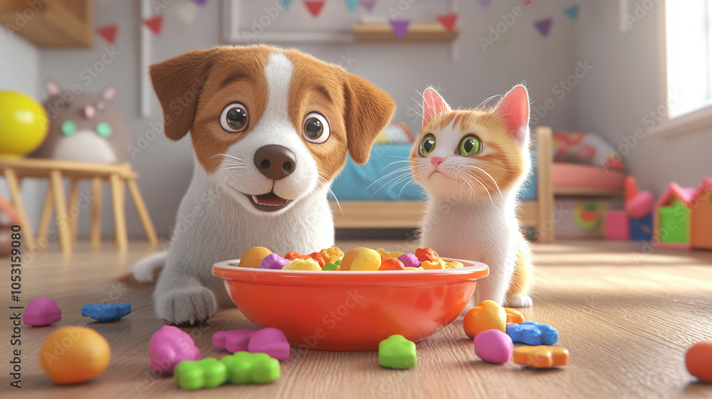 Obraz premium Adorable 3D render of a cute dog and cat sharing a bowl of treats, the dog looking surprised as the cat sneaks a snack, with colorful toys scattered around and a soft, homey background.