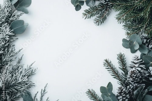 Winter frame with frosted evergreen branches, pine cones, and eucalyptus leaves on a white background, creating a festive and natural border