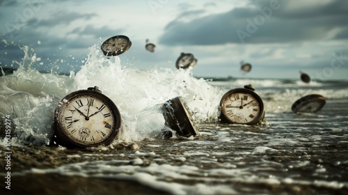 An artistic representation of clocks being washed away by ocean waves, symbolizing the relentless passage of time and its inevitable loss. photo