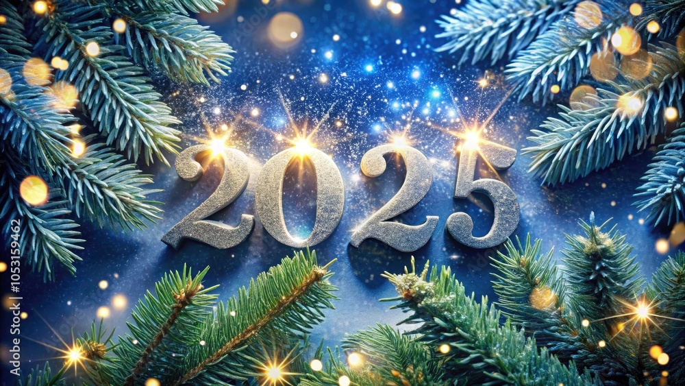 Festive 2025 New Year Celebration with Silver Glitter Numbers on Dark Blue Background Surrounded by Sparkling Lights and Pine Branches - Holiday Joy and Celebration Imagery