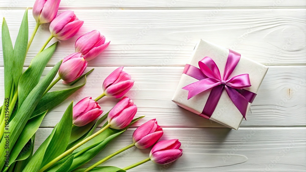 Festive Flat Lay of Pink Tulips and Gift Box for Celebratory Occasions Festive Flat Lay of Pink Tulips and Gift Box for Celebratory Occasions