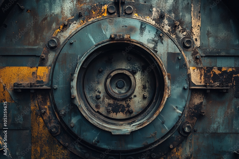 Close-up of an aged, rusted metal structure with bolts and circular industrial patterns, showcasing rugged textures and weathered details, evoking a vintage mechanical aesthetic Close-up of an aged, rusted metal structure with bolts and circular industrial patterns, showcasing rugged textures and weathered details, evoking a vintage mechanical aesthetic