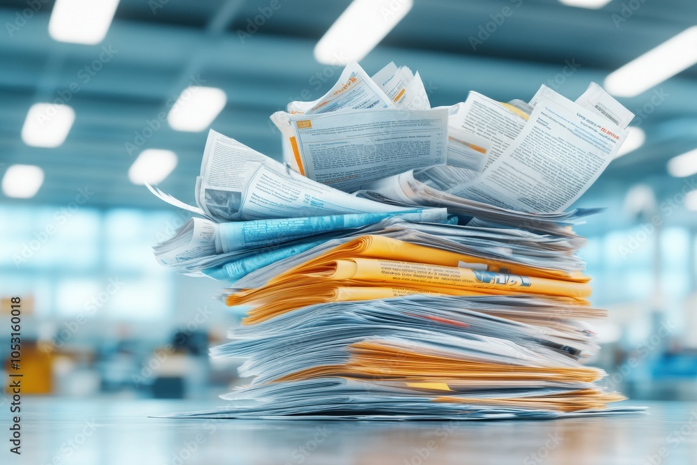 A messy stack of papers and folders on a desk in a bright office, symbolizing disorganization and the need for better management. A messy stack of papers and folders on a desk in a bright office, symbolizing disorganization and the need for better management.