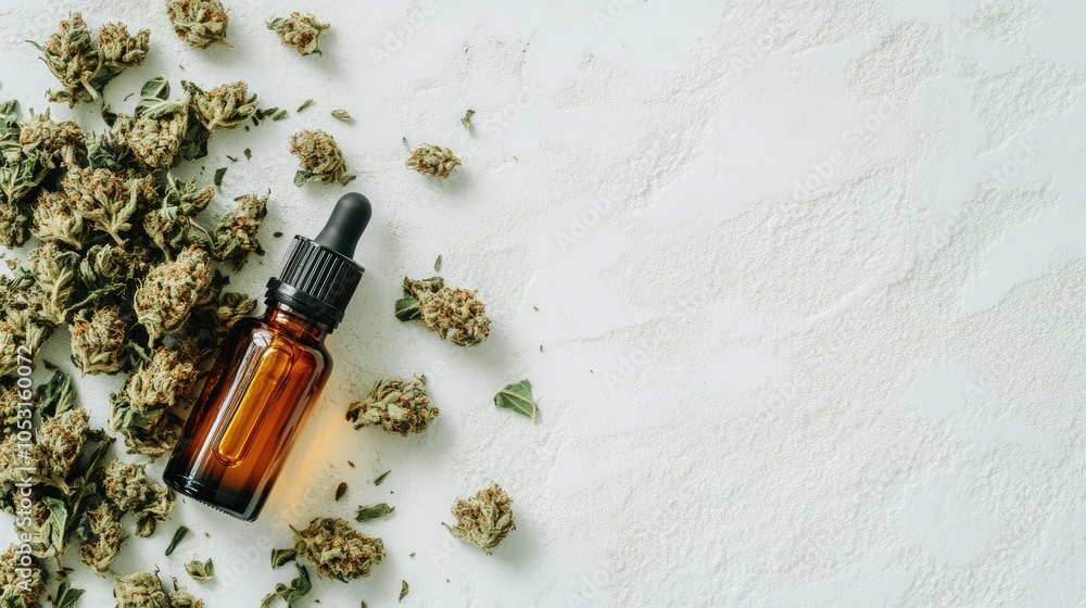 Dried cannabis buds scattered on a white surface, with a bottle of CBD oil positioned beside them, a minimalistic and modern composition. Dried cannabis buds scattered on a white surface, with a bottle of CBD oil positioned beside them, a minimalistic and modern composition.