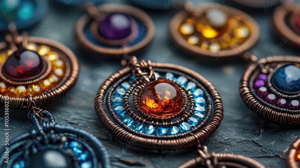 Colorful wire wrapped pendants with gemstones on a slate background. Colorful wire wrapped pendants with gemstones on a slate background.