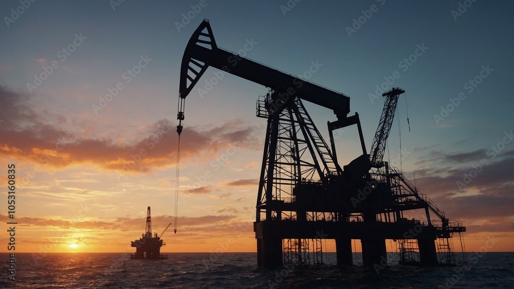 Oil Rig Silhouette at Sunset An oil rig stands tall against a dramatic sunset symbolizing in. 