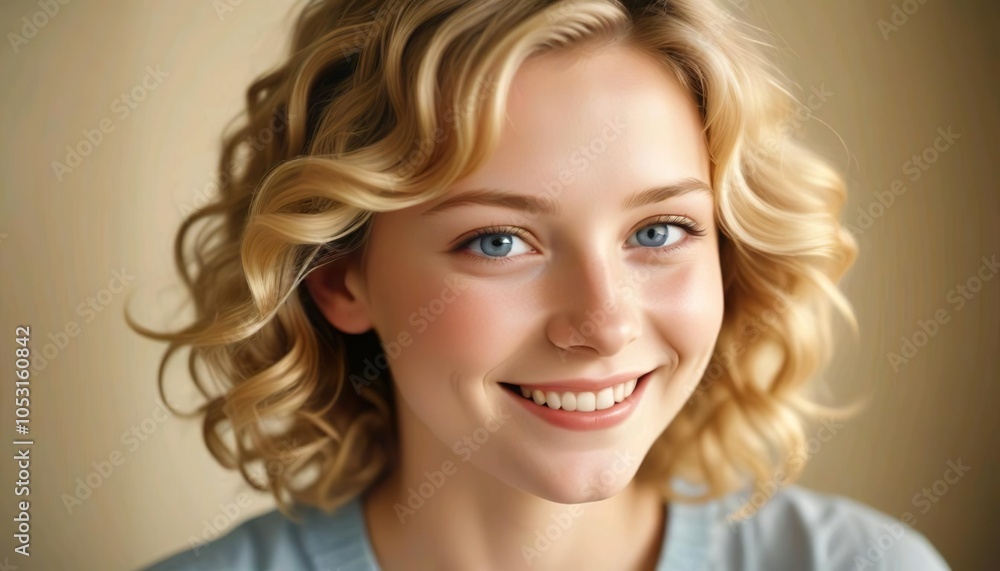 Naklejka premium A young Caucasian woman with short, wavy blonde hair and blue eyes, close up face.