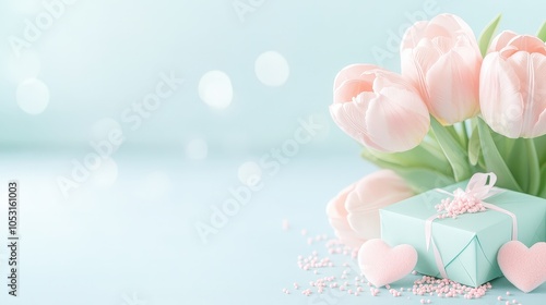 A bouquet of pink tulips sits on a blue background with a blue box in the foregr photo