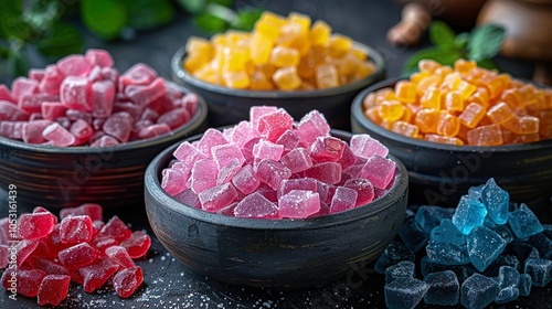 A bowl of candy with a variety of colors including pink, yellow, and blue photo