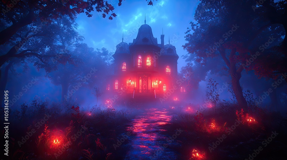 Fototapeta premium A spooky haunted house with glowing windows, a path, and pumpkins.