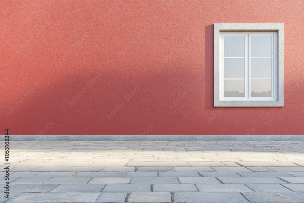 Bright red wall with a white window against a stone pavement in the early morning light Bright red wall with a white window against a stone pavement in the early morning light