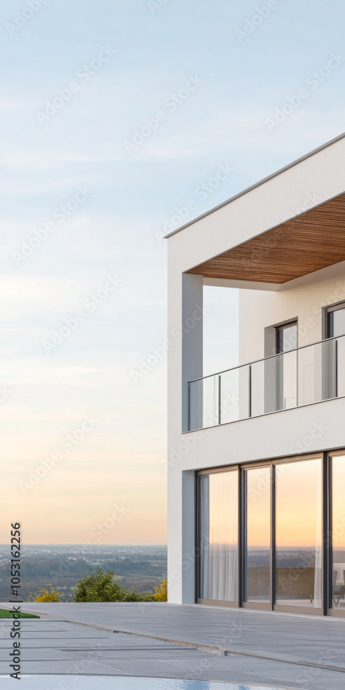 Modern house with a spacious balcony overlooking a sunset landscape in a tranquil setting Modern house with a spacious balcony overlooking a sunset landscape in a tranquil setting