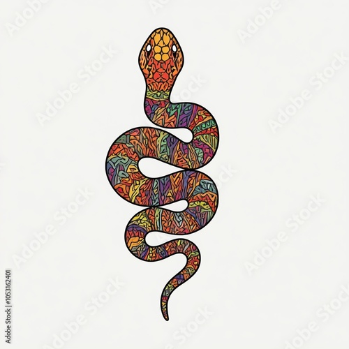 A snake with irregular colorful patterns on its body. White background. photo