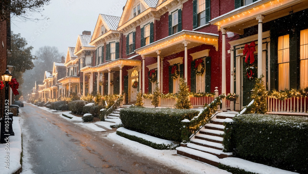 Obraz premium Old-Fashioned Holiday Street with Victorian-Style Houses