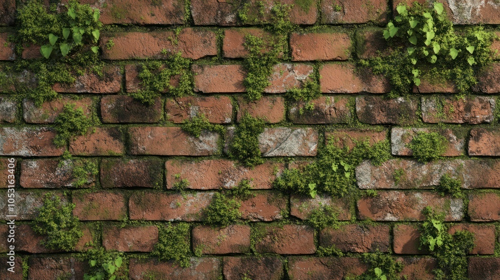 Fototapeta premium Mossy brick wall texture with small green moss patches and natural aging