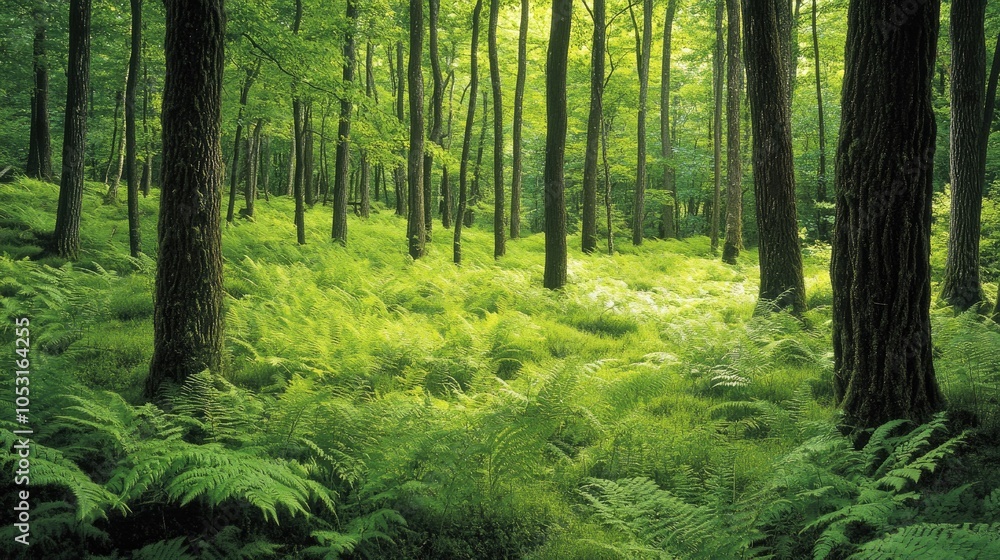 Fototapeta premium Lush bright green fern leaves blanket the ground in a forest, creating a vibrant scene that showcases the beauty of natural foliage.