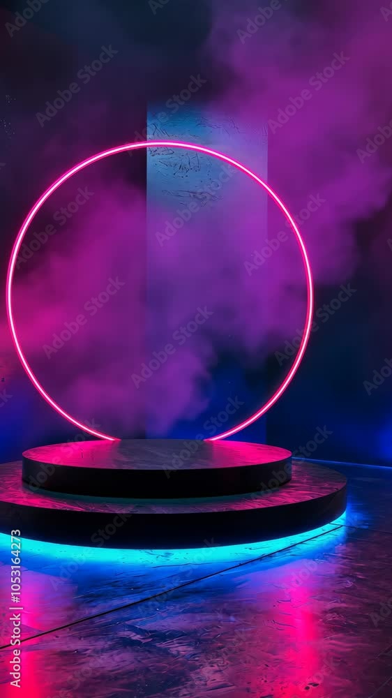 Neon circle with pink and blue smoke on stage. Futuristic abstract concept Neon circle with pink and blue smoke on stage. Futuristic abstract concept