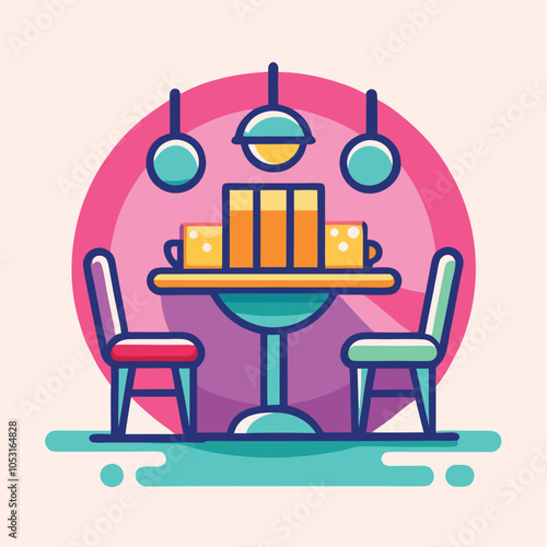 A colorful illustration of a table set for two with drinks, a table, and chairs.