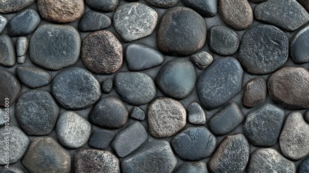 Patterned cobblestone surface with rounded stones in various shades of gray Patterned cobblestone surface with rounded stones in various shades of gray