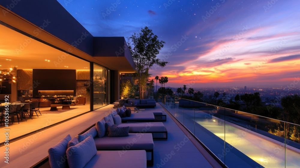 Obraz premium Modern balcony design with glass railings, minimalist lounge furniture, and soft ambient lighting under the stars.