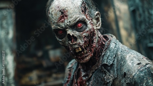 A gruesome zombie with glowing red eyes and decayed features. photo