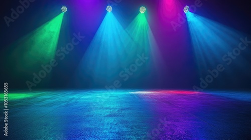 Multi-colored spotlights shine vivid green, blue, and violet hues on the floor, evoking a dynamic party or concert stage setting