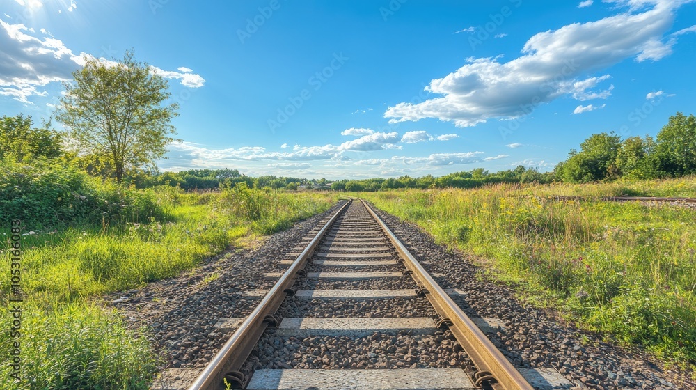 Perspective view of a railroad switch system on a bright sunny day, metal rails glistening under clear skies, stretching into the distance surrounded by greenery Perspective view of a railroad switch system on a bright sunny day, metal rails glistening under clear skies, stretching into the distance surrounded by greenery