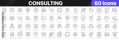 Consulting line icons collection. Coach, analysis, teamwork, webinar, consultant icons. UI icon set. Thin outline icons pack. Vector illustration EPS10