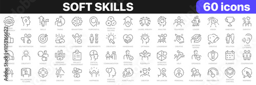 Soft skills line icons collection. Leader, optimism, honest, flexibility, emotionality icons. UI icon set. Thin outline icons pack. Vector illustration EPS10