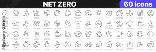 Net zero line icons collection. Sorting, recyclable, electric car, organic, solar energy icons. UI icon set. Thin outline icons pack. Vector illustration EPS10