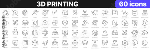 3d printing line icons collection. Manipulator, layers, modeling, drawing, production icons. UI icon set. Thin outline icons pack. Vector illustration EPS10