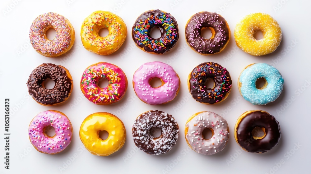 A Dozen Colorful Donuts with Various Toppings and Icings A Dozen Colorful Donuts with Various Toppings and Icings