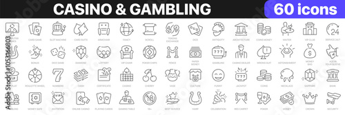 Casino and gambling line icons collection. Slot machine, dice, lottery, jackpot, poker icons. UI icon set. Thin outline icons pack. Vector illustration EPS10