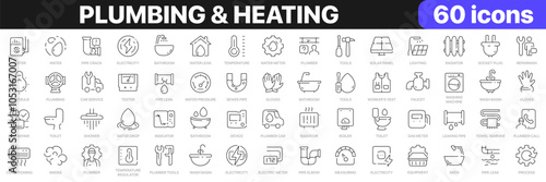 Plumbing and heating line icons collection. Bathroom, pipe, faucet, radiator, boiler icons. UI icon set. Thin outline icons pack. Vector illustration EPS10