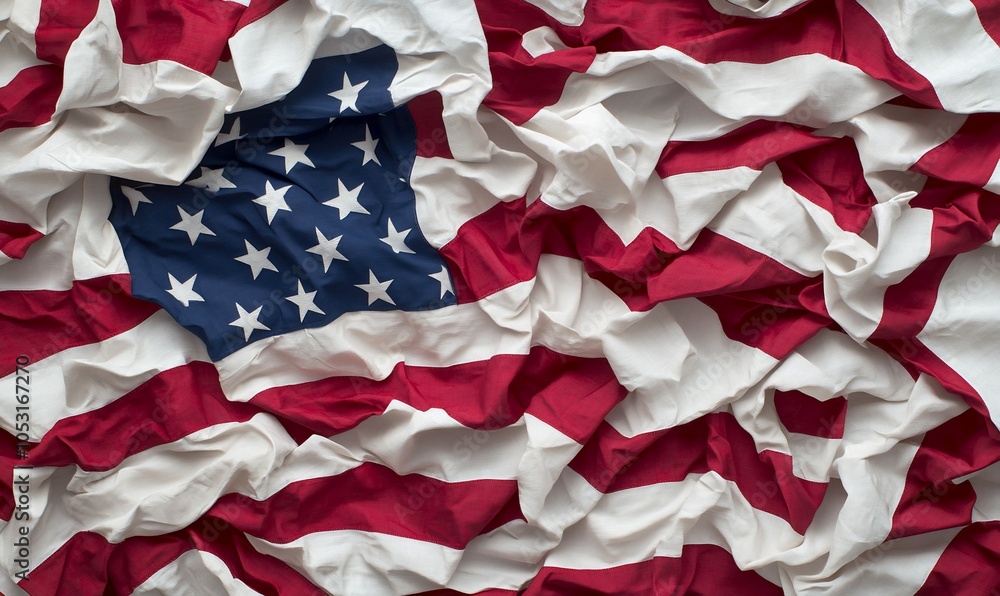 A close-up of a crumpled American flag with red and white stripes and a blue field of stars. A close-up of a crumpled American flag with red and white stripes and a blue field of stars.