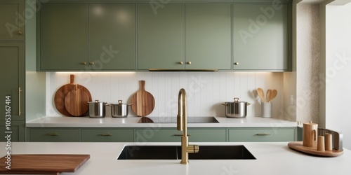 Minimalist kitchen design, sage green cabinets, white backsplash, wooden cutting boards, brass faucet, natural light, quartz countertop, muted tones, clean lines, Scandinavian inspired, modern applian