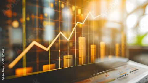 Abstract financial chart with glowing orange bars and line graph, representing market growth, economic trends, and investment analysis