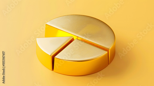 Circular gold pie chart with a single slice removed, representing wealth distribution, financial planning, and investment breakdown in a minimalist style